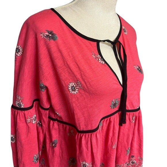 Lucky Brand Floral Boho Coral Tie Neck Keyhole 3./4 Bishop Sleeves Blouse Sz S - Picture 3 of 9